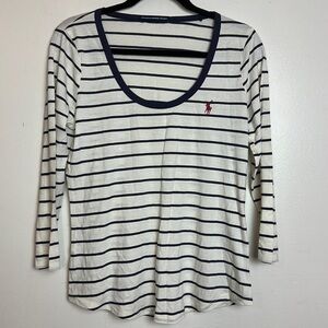 Ralph Lauren Sport Striped Logo Scoop neck Cropped 3/4 Sleeve Cotton Jersey Top